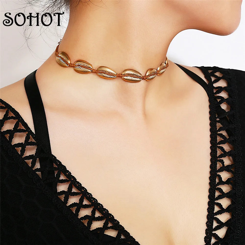 

SOHOT New Boho Style DIY Handmade Cowrie Shell Chokers Necklaces Exquisited Alloy Metal Women Jewelry For Anniversary Gift