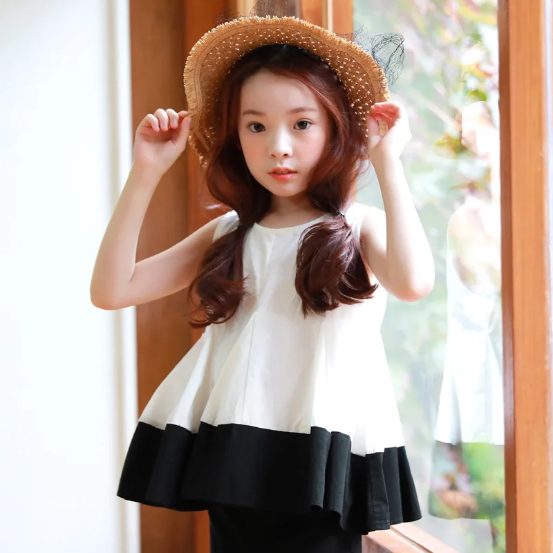 cotton ruffles shirts for girls 2018 new loose white black patchwork