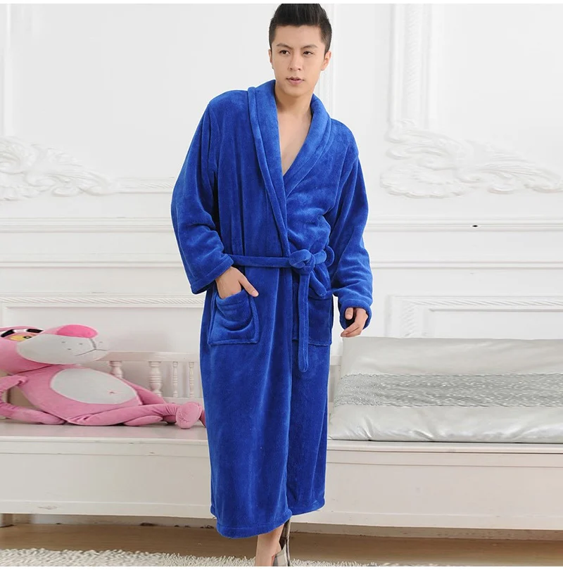 Women Men Flannel Bath Robe Sleepwear Autumn Winter Solid Plush Couple Bathrobe Thick Warm Female Robe Dropshipping