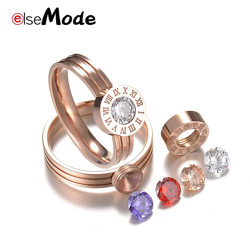ELSEMODE Roman Number CZ Stone Simple Wedding Rings 316L Titanium Steel Interchangeable For Women Girl Jewelry