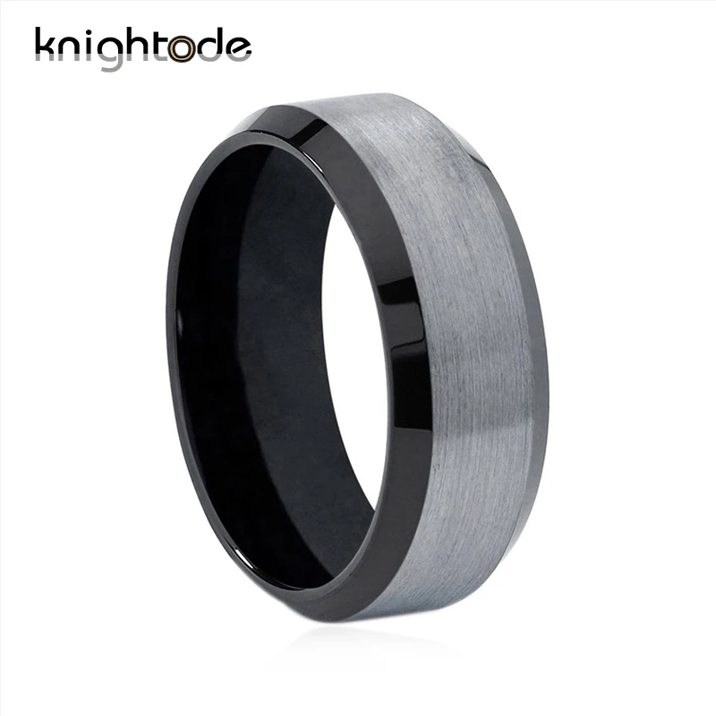

Knightode 8mm Black Tungsten Men Women Ring Beveled Surface Silver Brushed With Comfort Fit