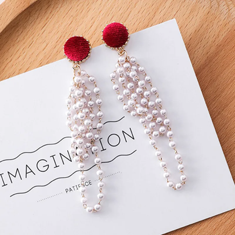 New Elegant Velvet Button Long Beaded Pearl Tassel Drop Earrings for Women Fashion Jewelry Statement Dangle Earring 6G2011