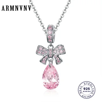 

ARMNVNV 925 Sterling Silver Pink Bowknot Droplet CZ Crystal Charms Pendant with 100% sterling silver Chain Necklaces Jewelry