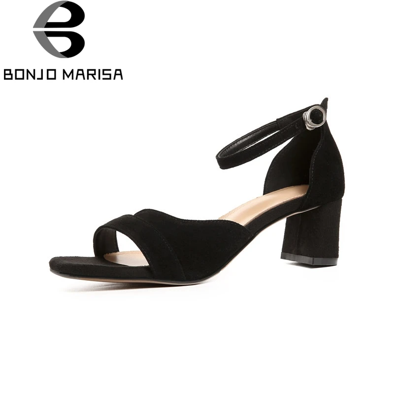 

BONJOMARISA 2018 Summer New Fashion Concise Sandals Women Natural Kid Suede High Chunky Heels Shoes Woman