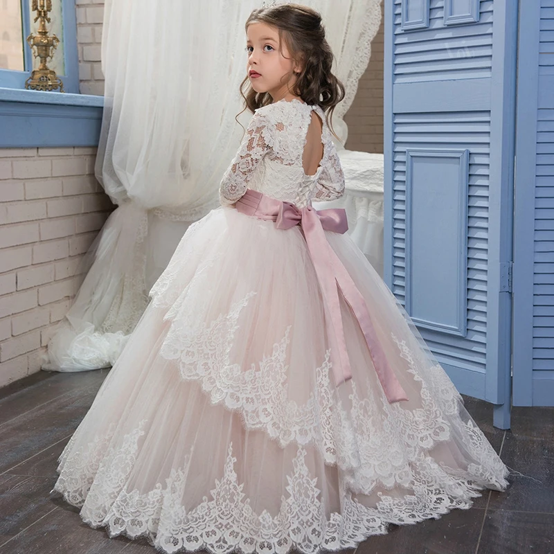 Flower Girl Dresses Floral Appliqu&eacute; Dress Girls Dresses Long Sleeves Lace Blush Pink Baby Girl Summer Clothes Kid Dresses Toddler Girl Ball Gown Wedding Party vestidos de comunion
