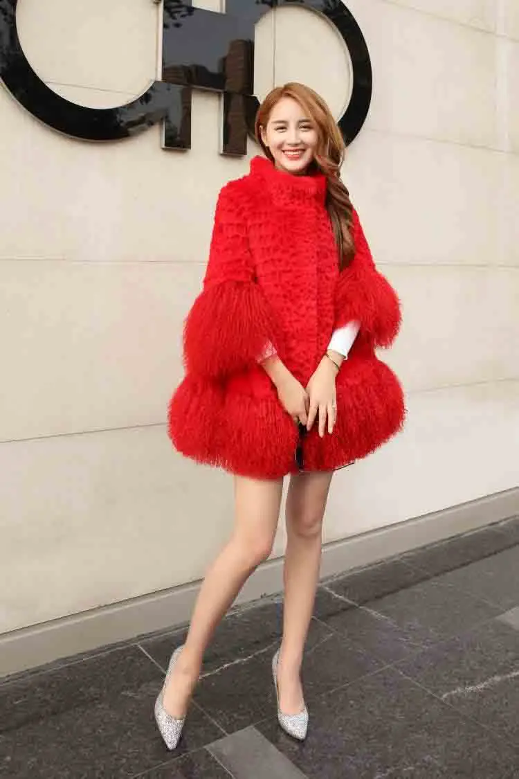 Cheap Mandarin Collar Women Vintage 100% Real Rabbit Fur Coat with Mongolia Sheep Fur Sleeve and Bottom Outwear Customize tsr327 2