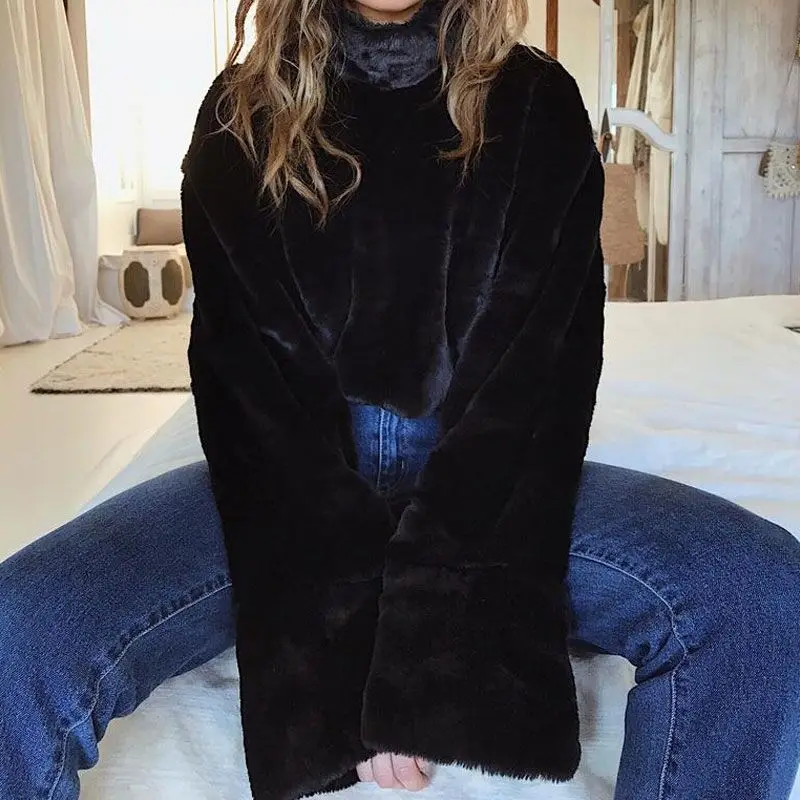 

Elegant Pullover and Sweatshirts Turtleneck New Chic Autumn Winter 2018 Warm Hoodies Faux Fur Black Long Sleeve Jumper Female