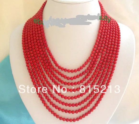

FREE SHIPPING>@@> N68 stunning 8rows 6mm round natural red coral necklace