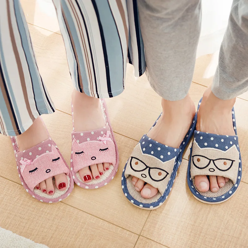 US $2.79 Women Indoor Slippers Breathable Flax Soft Bottom Spring Summer Flat Shoes Woman Home Slides Cartoon Style Lovers Floor Slippers