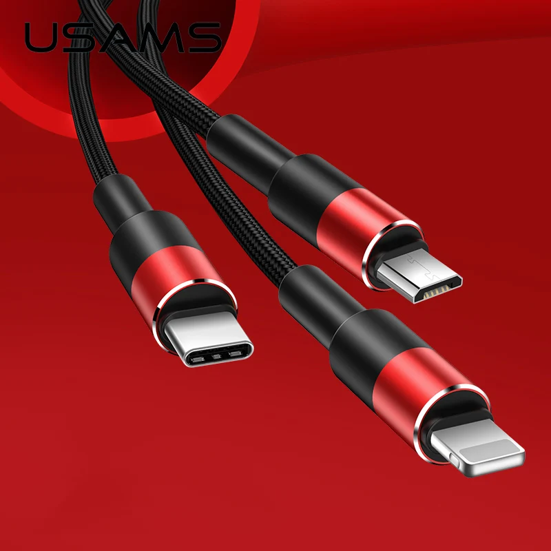 

USAMS 3 In1 Mobile Phone Data Cable Type C Micro For iPhone iPad Samsung Charging cable Microusb USB C for Lighting iOS 12 cable