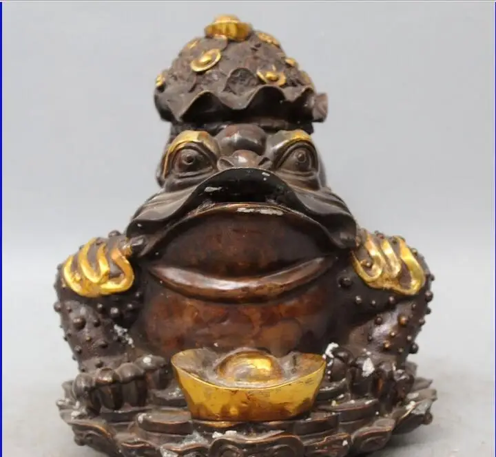 

12"Chinese Bronze Gilt Wealth Yuanbao Money Bag Ru Yi Spittor Toad Animal Statue