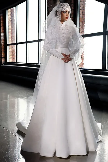 OMYW0197 full long sleeve high neck top lace applique with font b hijab b font abiti