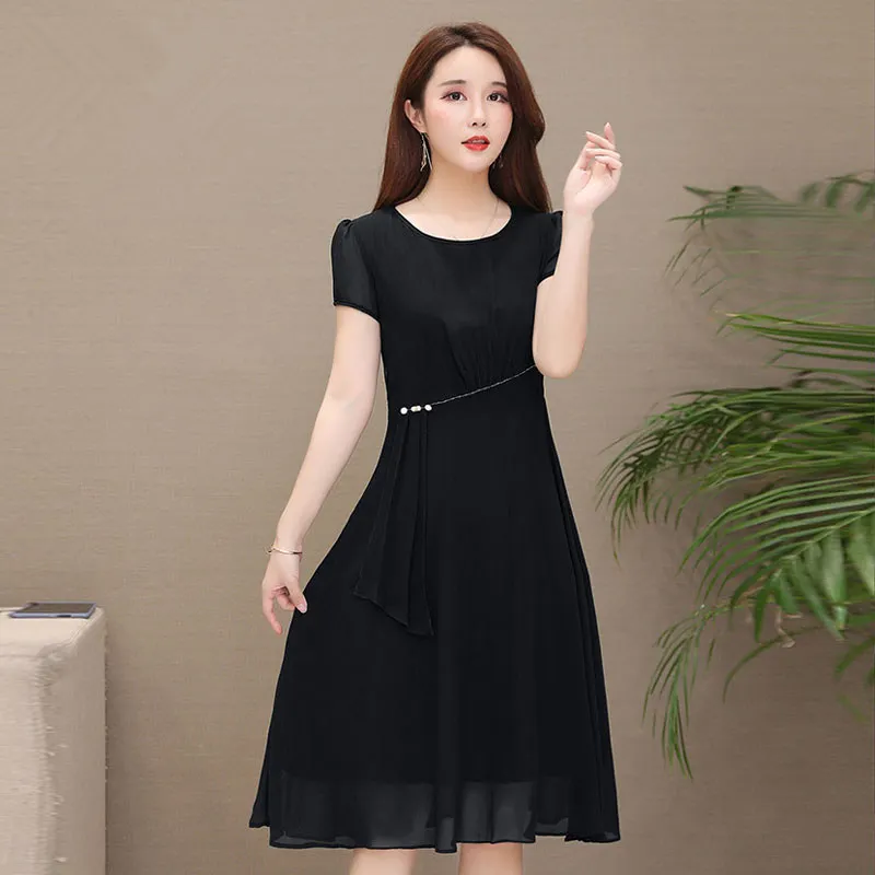 M-5XL Women's Chiffon Dress Summer 2019 New Fashion Elegant Patchwork Pearls Draped Short-sleeve Mid-length Loose Dress Female