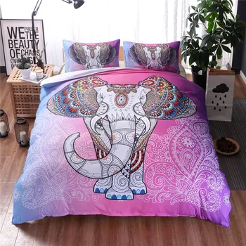 

3 Pieces 3D Elephant Bedding Set Bohemia Queen Size Duvet Cover with PillowCase Colorful Printed Indian Bed Set Cover Black/Pink