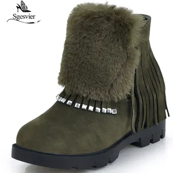 

Sgesvier Fashion Women Casual Fringe Shoes Winter Platform Ankle Boots Height Increasing Flock Shoes Tassel Short Boots B836
