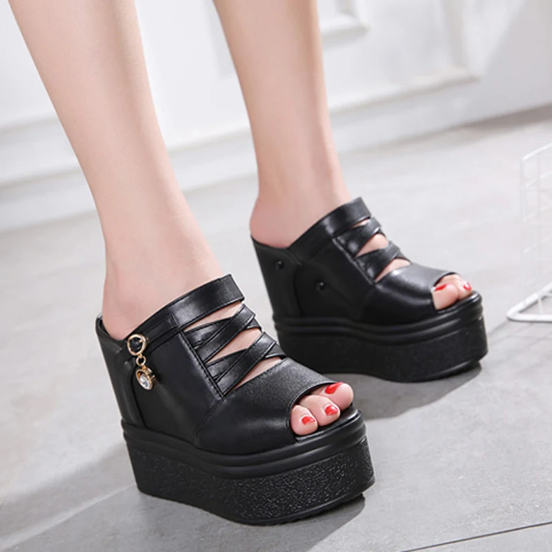 

shoes Woman Wedges slippers buckle crystal platform heels Shoes hollow Sandals summer Thick bottom slides black zapatos mujer