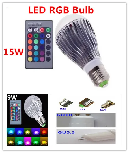 

9W15W E27 GU10 B22 E14 GU5.3 RGB LED Light Color Changing Lamp Bulb 85-265V With Remote Control Sales