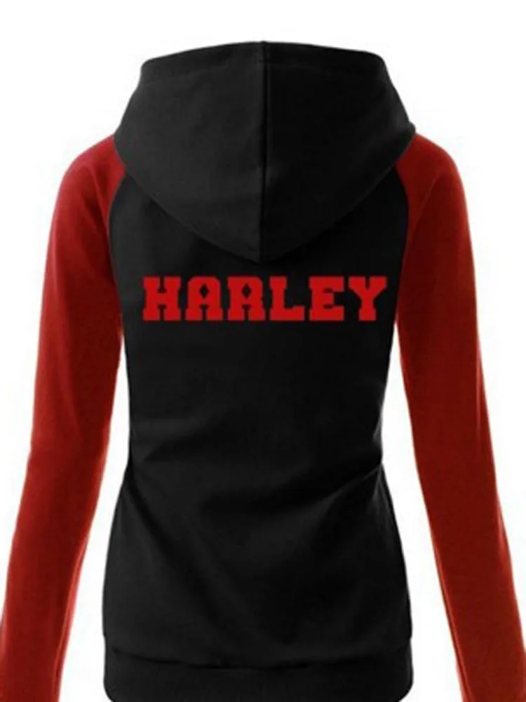 Hitmebox Suicide Squad Harley Quinn Cosplay Costumes Casual Sports Hooded Sweatshirts ladies Fleece Colorblock Tops Hoodies