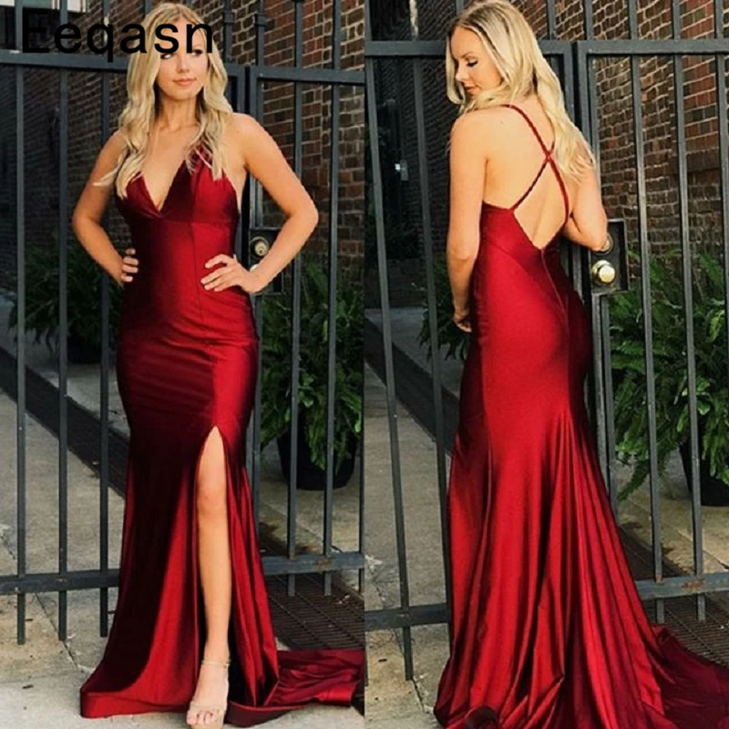 

New Sexy Criss Cross Straps Mermaid Burgundy Prom Dress 2019 Spaghetti Straps Side Slit Elastic Satin Long Graduation Dresses