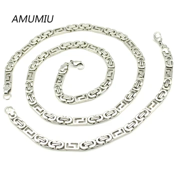 

AMUMIU Byzantine Chain Link Necklace Bracelet 14-26cm,40-90cm Jewellery Set Men Women Stainless Steel Link Set HZTZ058