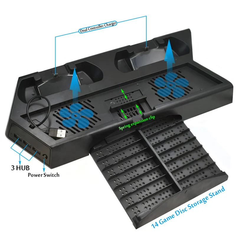 PS4 вертикальная подставка охлаждающий вентилятор кулер двойной USB зарядное устройство зарядная док-станция игровой диск Подставка для хранения для Playstation 4 PS4 PRO PS4 Slim