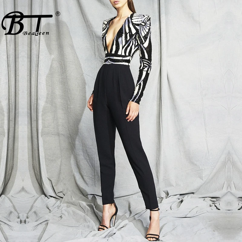 

Beateen Black Sequined Jumposuits Deep V Long Sleeve Sexy Party Fashion Skinny Pant Jumpsuits