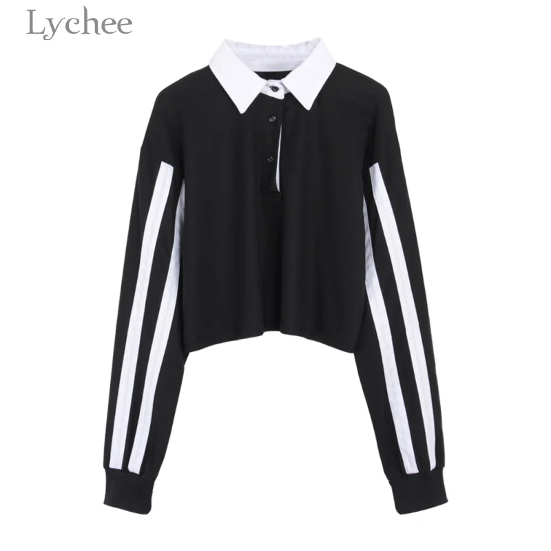 

Lychee Spring Autumn Women Crop Top Stripe Patchwork Turn Down Collar Long Sleeve Casual Loose T Shirt Tee Top