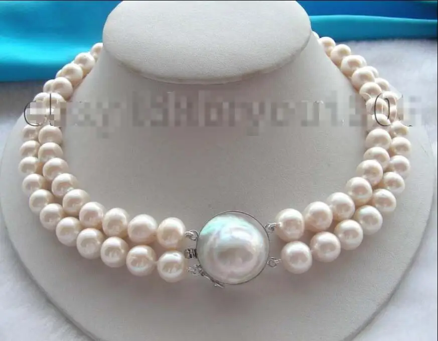 

Free shipping hot sale Women Bridal Wedding Jewelry >>2row Natural 11mm White Round Pearl Necklace Mabe 925s