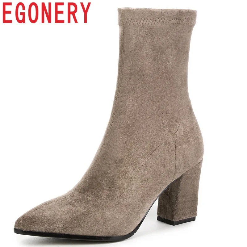 

EGONERY newest fashion faux suede pointed toe high square heel three colors slip-on mid calf boots winter solid warm shoes women