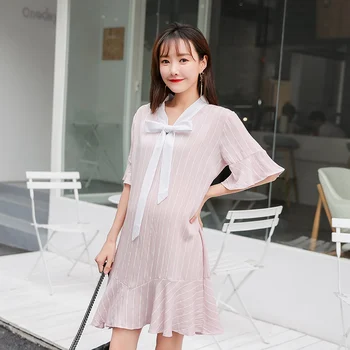 

Summer new maternity dress Korean version of the vertical stripes Slim thin large size chiffon dress tide pregnancy skirt