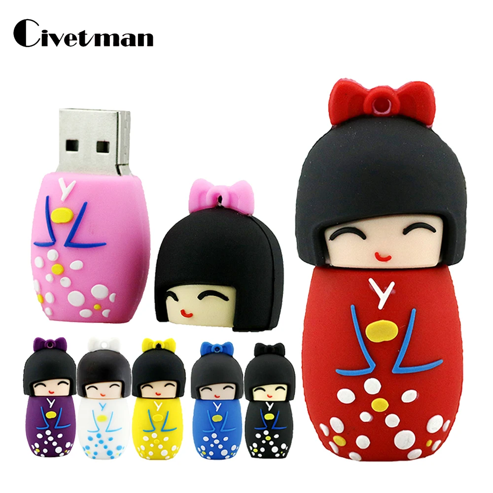 Мультяшный USB флэш накопитель кимоно девочка японские куклы 8 ГБ 16 32 64 Гб 128 256 2 0