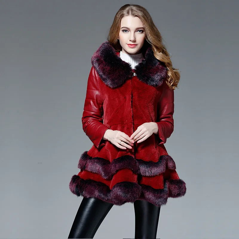 Tutu Hemline Leather Fur Coats Women Red Black Long Faux Fox Fur Jacket