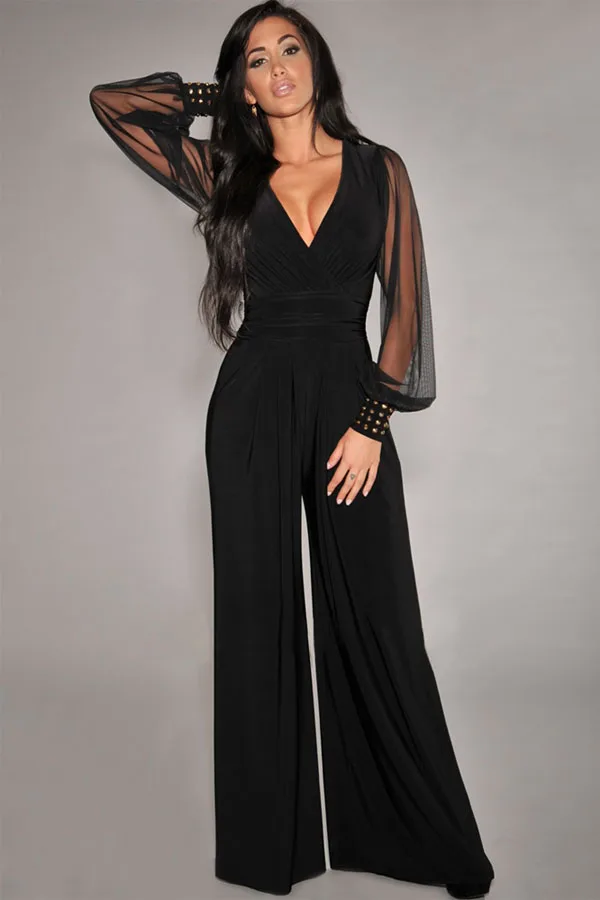2017 Long Black Rompers Womens Jumpsuit Winter Autumn Party V neck