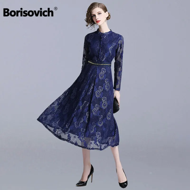 

Borisovich Ladies Elegant Party Dress New 2018 Autumn Fashion England Style Big Swing A-line Blue Lace Women Long Dresses N361