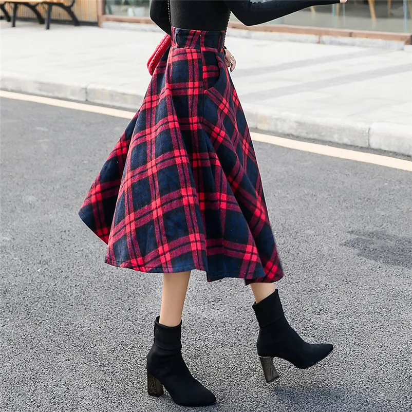 Feitong Female Womens High Elastic Waist Cotton Maxi Skirt A-line Plaid Autumn Winter Warm Straight Flare Long Skirt N15#N (2)