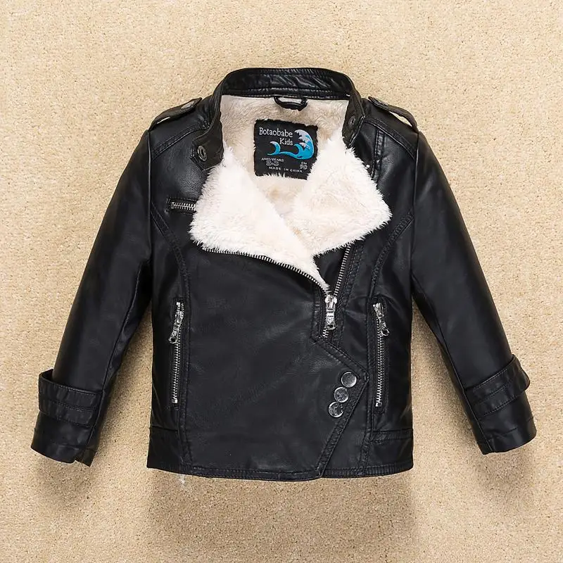 

Stand Collar Fleece Thick Boys Girls Leather Jacket for Autumn Winter Kids Motor Coat Bomber baby Toddler Clothes