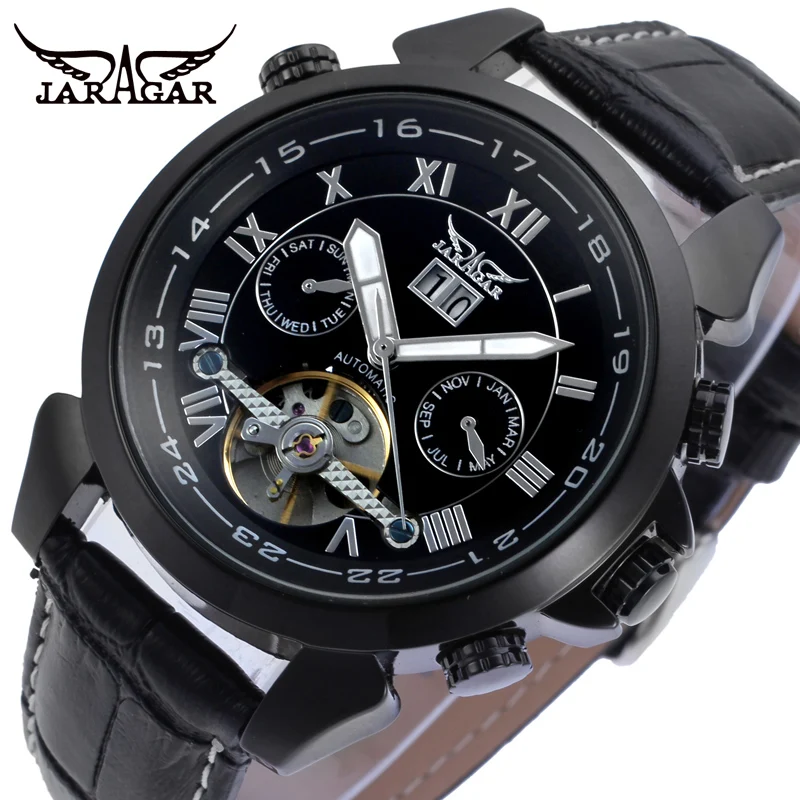 

JARGAR Date Display Calendar Tourbillon Analog Men's Automatic Watch Black Genuine Leather Strap