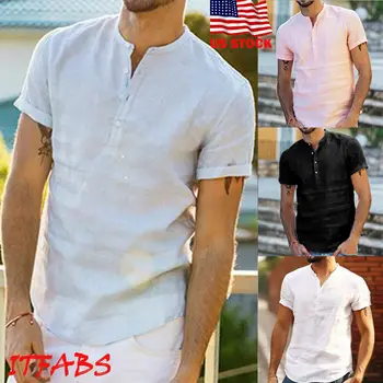 

Men's Linen Short Sleeve Summer Solid Shirts Casual Shirts Loose Dress Soft Tops Tee 4 Colors
