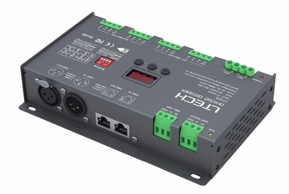 

LT-912 ; 12CH CV DMX Decoder;DC12-24V input;4A*12CH output; DMX512/RDM/3-pin XLR, RJ45