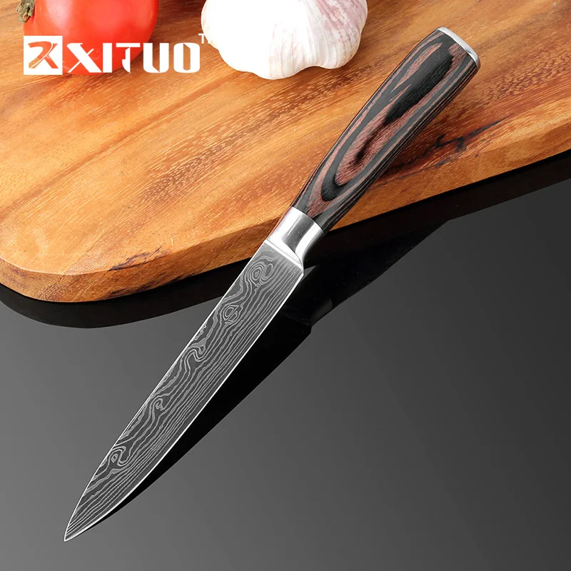 XITUO 5PCS Messenset Pakka Kitchen Knives Japanese Damascus Steel Pattern Chef Knife Santoku Paring Santoku Slicing Utility Tool