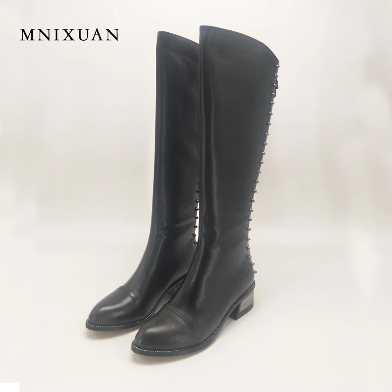 

Handmade women shoes boots army genuine leather 2017 winter black knee-high boots rivets medium thick heels motorcycle boots