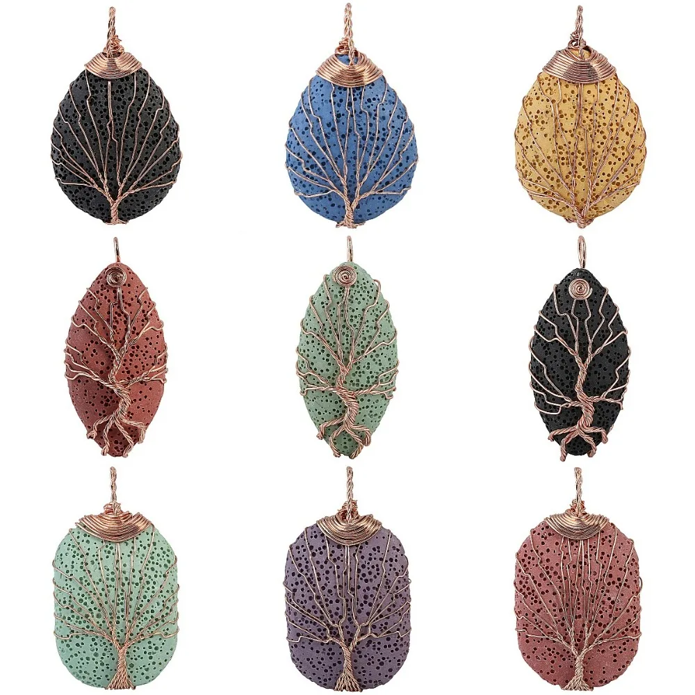 Natural Gemstone Reiki Chakra Beads Tree of Life Marquise Shape Copper Pendant 