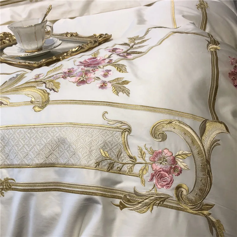 Perfect Champagne Blue White Luxury Royal Embroidery 100S Egyptian Cotton Palace Bedding Set Duvet Cover Bed sheet/Linen Pillowcases 64