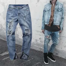 Fashion 2017 Mens Brand Skinny Ripped Jeans Blue Distroyed Hole Ankle Zipper Pencil Jeans KANYE WEST Side Zipper Biker Jeans