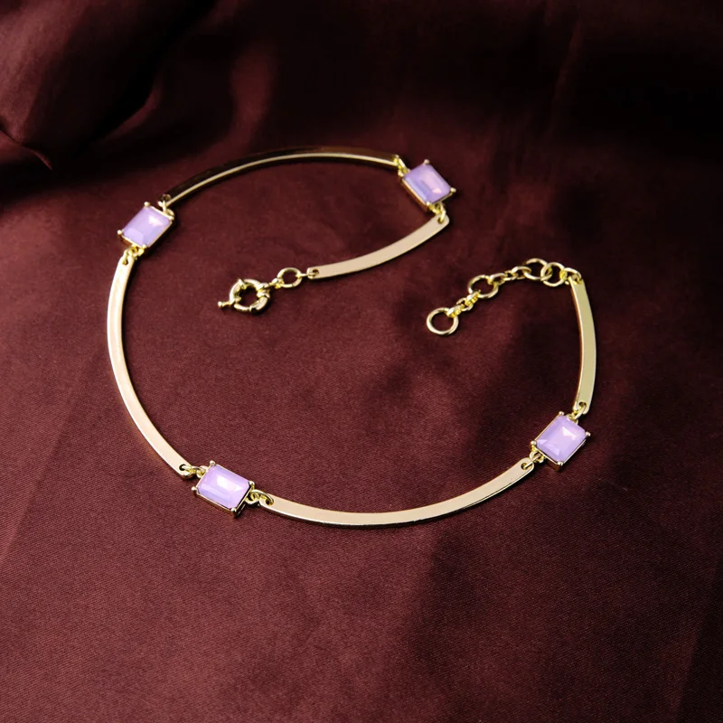 

Simple Design Trendy Gold Color Bib Necklace Unique Chain Geometric Purple Necklace 2019 New Arrival Accessories Gifts In Box