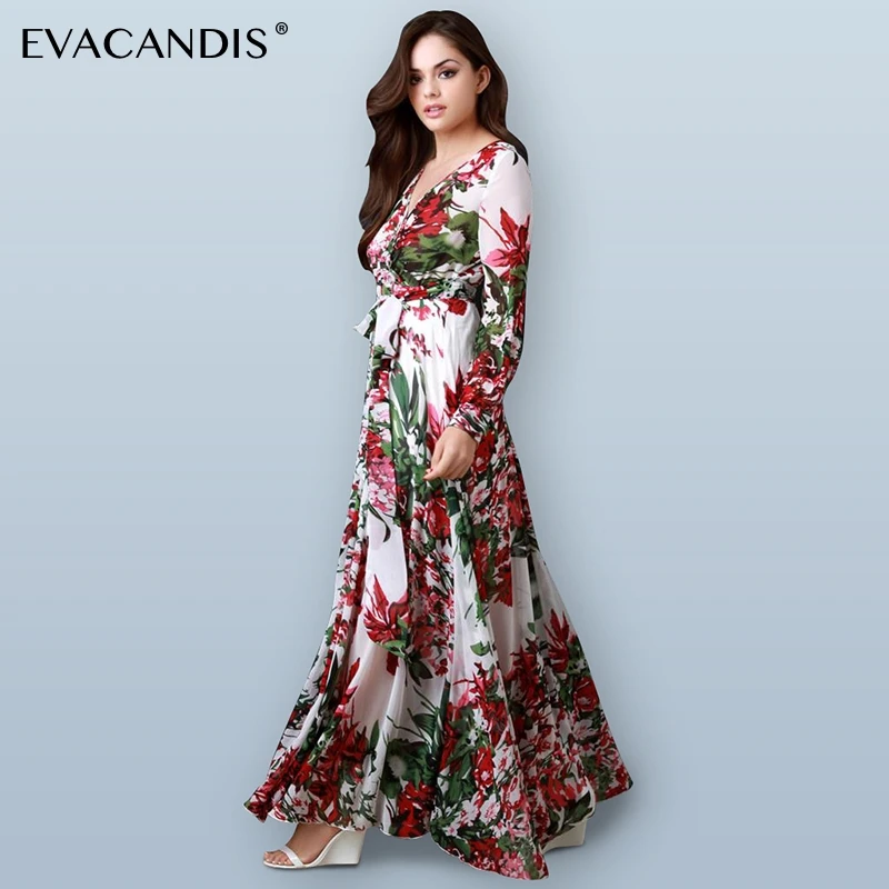 

Floral Maxi Dress Long Sleeve V Neck Vintage Elegant White Chiffon Boho Tunic Beach Boho Plus Size Summer Dress Women Vestidos