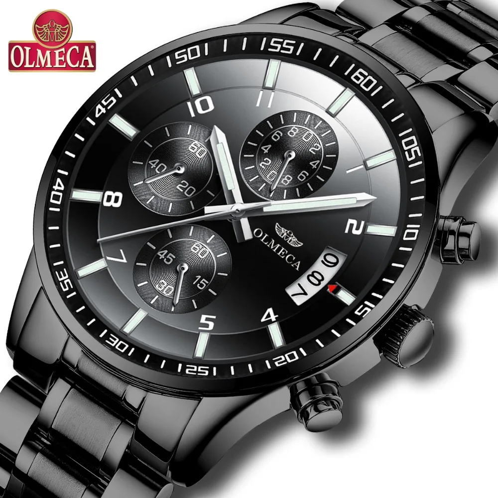 OLMECA модные часы Relogio Masculino с хронографом Наручные часы Стальные часы мужские водонепроницаемые военные черные