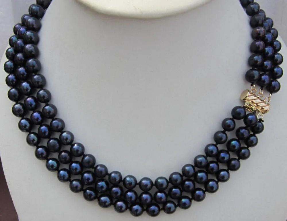

FREE Shipping 3 ROW SOUTH SEA AAA 7-8MM BLACK PEARL NECKLACE 17-19 INCH