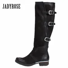 Jady/женские сапоги до колена; цвет розовый, черный; сапоги для верховой езды из натуральной кожи; обувь на плоской подошве; женские зимние высокие сапоги на платформе с ремешками