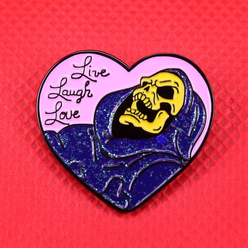 

Blue coat ghost enamel pin glitter heart shape brooch live love laugh badge happiness quote jewelry Goth Halloween gift